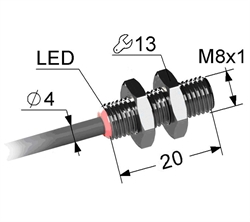 Индуктивный датчик, М8, L-20 мм, Sn 2 мм, заподлицо, PNP, размыкающий, NC, -25...+75 °C, 5,5...30 V DC, кабель ПВХ 4 мм/3x0,14/ 2 м.