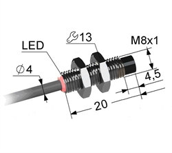 Индуктивный датчик, М8, L-20 мм, Sn 3 мм, не заподлицо, PNP, размыкающий, NC, -25...+75 °C, 5,5...30 V DC, кабель ПВХ 4 мм/3x0,14/ 2 м.
