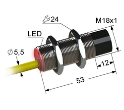 Индуктивный датчик, М18, L-53 мм, Sn 12 мм, не заподлицо, PNP, замыкающий, NO, -25...+75 °C, 10...30 V DC, кабель ПВХ 5,5 мм/3x0,35/ 2 м.