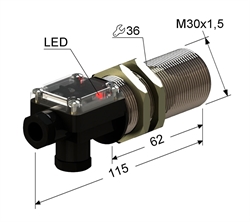 Индуктивный датчик, M30, L-115 мм, Sn 15 мм, заподлицо, NPN, размыкающий, NC, -25...+75 °C, 5,5...30 V DC, клеммная коробка/вывод прямо и вбок.