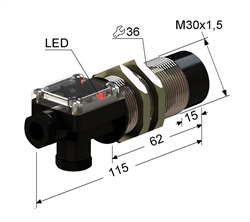 Индуктивный датчик, M30, L-115 мм, Sn 15 мм, не заподлицо, NPN, замыкающий, NO, -25...+75 °C, 10...30 V DC, клеммная коробка/вывод прямо и вбок.