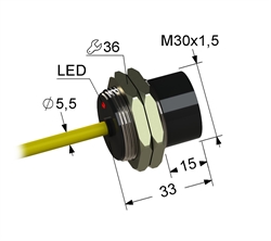 Индуктивный датчик, M30, L-33 мм, Sn 15 мм, не заподлицо, NPN, размыкающий, NC, -25...+75 °C, 10...30 V DC, кабель ПВХ 5,5 мм/3x0,35/ 2 м.