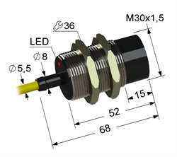 Индуктивный датчик, M30, L-68 мм, Sn 25 мм, не заподлицо, PNP, переключающий, NO+NC, -25...+75 °C, 10...30 V DC, кабель ПВХ 5,5 мм/4x0,2/ 2 м.