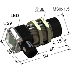 Индуктивный датчик, M30, L-80 мм, Sn 25 мм, не заподлицо, PNP, замыкающий, NO, -25...+75 °C, 10...30 V DC, клеммная коробка/вывод вбок.
