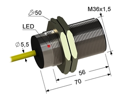 Индуктивный датчик, М36, L-70 мм, Sn 12 мм, заподлицо, PNP, замыкающий, NO, -25...+75 °C, 10...30 V DC, кабель ПВХ 5,5 мм/3x0,35/ 2 м.