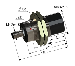 Индуктивный датчик, М36, L-85 мм, Sn 20 мм, не заподлицо, NPN, замыкающий, NO, -25...+75 °C, 10...30 V DC, разъем/М12/4-конт.