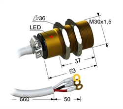 Индуктивный датчик, Sn 20 мм, заподлицо, PNP, размыкающий, NC, -40...+70 °C, 10...30 V DC, провода/трубка ПВХ/3x1 кв. мм.