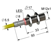 PS2-12M50-2B41-Z Индуктивный датчик, М12, L-50 мм, Sn 2 мм, заподлицо, NPN, размыкающий, NC, -25...+75 °C, 10...30 V DC, кабель ПВХ 5,5 мм/3x0,35/ 2 м.