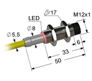 PS2-12M50-4N21-Z Индуктивный датчик, М12, L-50 мм, Sn 4 мм, не заподлицо, NPN, замыкающий, NO, -25...+75 °C, 10...30 V DC, кабель ПВХ 5,5 мм/3x0,35/ 2 м.