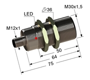 PS2-30M75-15B31-C4 Индуктивный датчик, M30, L-75 мм, Sn 15 мм, заподлицо, PNP, размыкающий, NC, -25...+75 °C, 5,5...30 V DC, разъем/М12/4-конт.