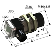 PS2-30M80-25N11-B Индуктивный датчик, M30, L-80 мм, Sn 25 мм, не заподлицо, PNP, замыкающий, NO, -25...+75 °C, 10...30 V DC, клеммная коробка/вывод вбок.