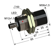 PS2-36M85-20N51-C4 Индуктивный датчик, М36, L-85 мм, Sn 20 мм, не заподлицо, PNP, переключающий, NO+NC, -25...+75 °C, 10...30 V DC, разъем/М12/4-конт.