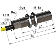 PS1-18M90-5B41-Z Емкостный датчик, М18, L-90 мм, Sn 5 мм, заподлицо, NPN, размыкающий, NC, -25...+75 °C, 10...30 V DC, кабель ПВХ 5,5 мм/3x0,35/ 2 м.