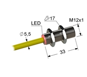 PS5-12M33-10N105-K Магниточувствительный датчик с герконом, M12, L-33 мм, Sn 20 мм, не заподлицо, -25...+75 °C, кабель ПВХ 3,7х5,9 мм/2x0,5/ 2 м.