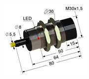PS2D-30M80-15N91-Z Индуктивный датчик, М30, L-80 мм, Sn 15 мм, не заподлицо, PNP, -25...+75 °C, 12...30 V DC, кабель ПВХ 5,5 мм/3x0,35/ 2 м.