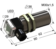 PS2D-30M90-10B91-B Индуктивный датчик, М30, L-90 мм, Sn 10 мм, заподлицо, PNP, -25...+75 °C, 12...30 V DC, клеммная коробка/вывод вбок.