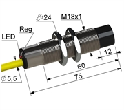 PS2R1-18M75-8N51-K Частотный датчик, М18, L-75 мм, 0,1...5 Гц, Sn 8 мм, не заподлицо, PNP, переключающий, NO+NC, -25...+75 °C, 10...30 V DC, кабель ПВХ 5,5 мм/4x0,2/ 2 м.