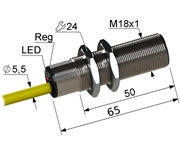 PS2R-18M65-5B31-K Частотный датчик, М18, L-65 мм, 1...50 Гц, Sn 5 мм, заподлицо, PNP, размыкающий, NC, -25...+75 °C, 10...30 V DC, кабель ПВХ 5,5 мм/3x0,35/ 2 м.