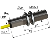 PS2R-18M75-5B51-K Частотный датчик, М18, L-75 мм, 1...50 Гц, Sn 5 мм, заподлицо, PNP, переключающий, NO+NC, -25...+75 °C, 10...30 V DC, кабель ПВХ 5,5 мм/4x0,2/ 2 м.