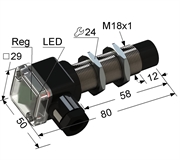 PS2R-18M80-8N21-B Частотный датчик, М18, L-80 мм, 1...50 Гц, Sn 8 мм, не заподлицо, NPN, замыкающий, NO, -25...+75 °C, 10...30 V DC, клеммная коробка/вывод вбок.