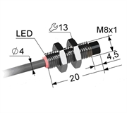 Индуктивный датчик, М8, L-20 мм, Sn 3 мм, не заподлицо, PNP, замыкающий, NO, -25...+75 °C, 5,5...30 V DC, кабель ПВХ 4 мм/3x0,14/ 2 м.