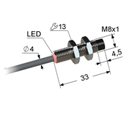 Индуктивный датчик, М8, L-33 мм, Sn 5 мм, не заподлицо, NPN, размыкающий, NC, -25...+75 °C, 10...30 V DC, кабель ПВХ 4 мм/3x0,14/ 2 м.