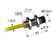 Индуктивный датчик, М12, L-33 мм, Sn 8 мм, не заподлицо, NPN, размыкающий, NC, -25...+75 °C, 10...30 V DC, кабель ПВХ 5,5 мм/3x0,35/ 2 м.