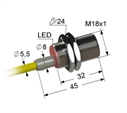 Индуктивный датчик, М18, L-45 мм, Sn 8 мм, заподлицо, PNP, размыкающий, NC, -25...+75 °C, 5,5...30 V DC, кабель ПВХ 5,5 мм/3x0,35/ 2 м.