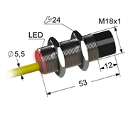 Индуктивный датчик, М18, L-53 мм, Sn 12 мм, не заподлицо, PNP, размыкающий, NC, -25...+75 °C, 10...30 V DC, кабель ПВХ 5,5 мм/3x0,35/ 2 м..