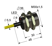 Индуктивный датчик, M30, L-48 мм, Sn 15 мм, заподлицо, PNP, замыкающий, NO, -25...+75 °C, 5,5...30 V DC, кабель ПВХ 5,5 мм/3x0,35/ 2 м.