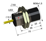 Индуктивный датчик, М36, L-70 мм, Sn 20 мм, не заподлицо, размыкающий, NC, -25...+75 °C, ~24...250 V, 45...65 Гц АС / -30...250 V DC, кабель ПВХ 5,5 мм/3x0,35/ 2 м.