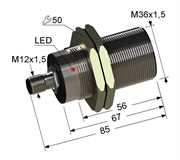 Индуктивный датчик, М36, L-85 мм, Sn 12 мм, заподлицо, PNP, размыкающий, NC, -25...+75 °C, 10...30 V DC, разъем/М12/4-конт.