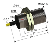 Индуктивный датчик, М36, L-85 мм, Sn 12 мм, заподлицо, NPN, размыкающий, NC, -25...+75 °C, 10...30 V DC, кабель ПВХ 5,5 мм/3x0,35/ 2 м.